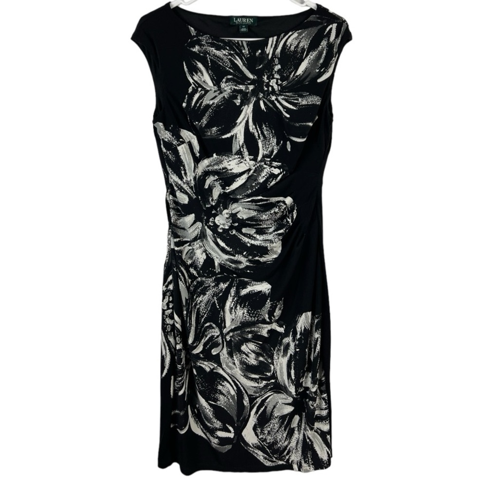 Lauren Ralph Lauren Boatneck Black & White Midi Floral Print Dress Sz: 10
